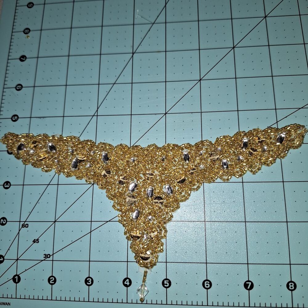 Gold beaded, sequin and rhinestone neckline applique